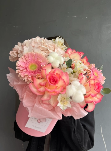 коробка из гортензий, гербер, ажурных роз и  альстромерии  от интернет-магазина цветов в 